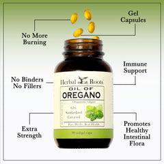 Close-up of oregano oil softgel capsules showing 150mg