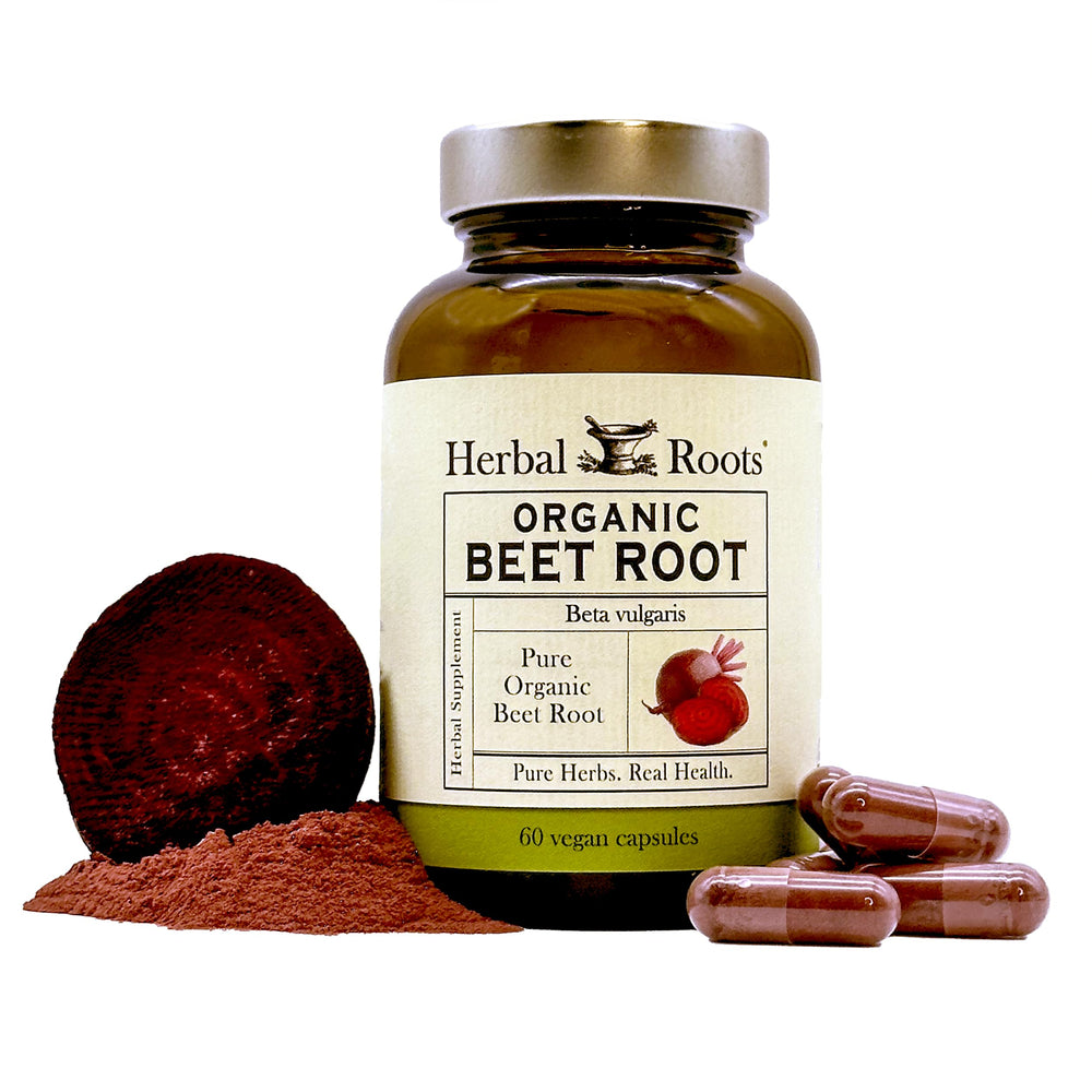 Label showing 1,500mg per serving for Herbal Roots Organic Beet Root Powder Capsules
