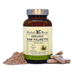 Herbal Roots Saw Palmetto 1000mg capsules bottle and label on white background