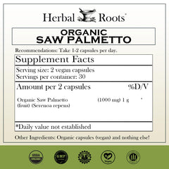 Herbal Roots Saw Palmetto capsules packaging with label