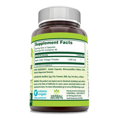 Close-up of Herbal Secrets Apple Cider Vinegar bottle label - 1500 mg per serving