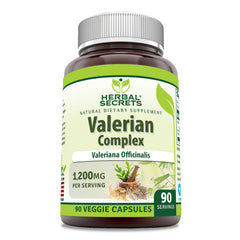 Herbal Secrets Valerian Complex bottle front displaying 1200 mg per serving