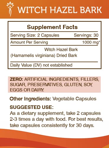 Herbal supplement with 60 vegetable capsules labeled Witch Hazel Bark