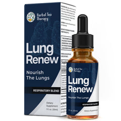 Bottle of Herbal Tea Therapy Lung Renew Mullein Drops with label visible.