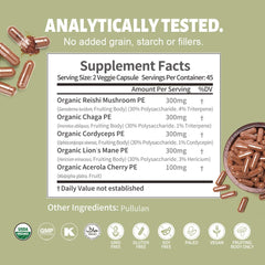 Label highlights 100% organic mushroom extract with no starch or grains