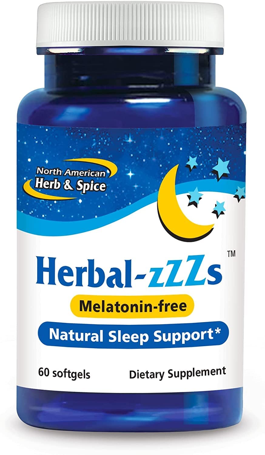 Front label of NORTH AMERICAN HERB & SPICE Herbal-zzZs bottle, 60 softgels