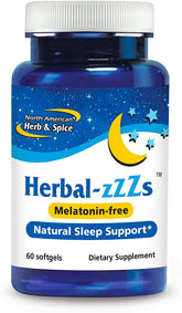 Front label of NORTH AMERICAN HERB & SPICE Herbal-zzZs bottle, 60 softgels