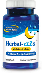 Front label of NORTH AMERICAN HERB & SPICE Herbal-zzZs bottle, 60 softgels