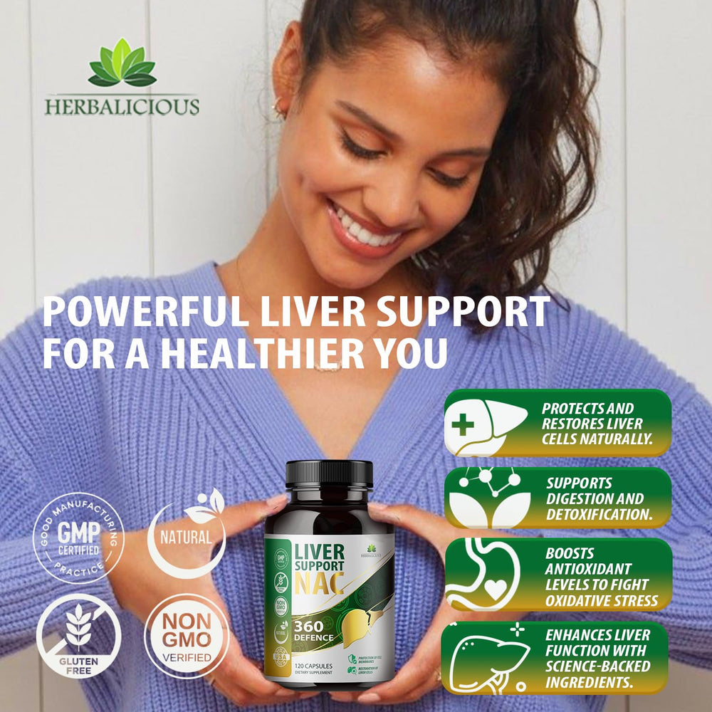 Herbalicious liver-support NAC360 label close-up highlights NAC and antioxidants for liver health