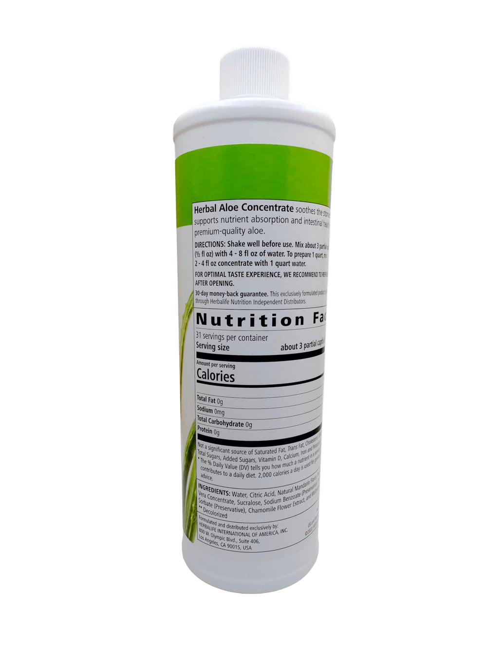 Herbalife Aloe Concentrate Mandarin bottle with a glass and ingredients