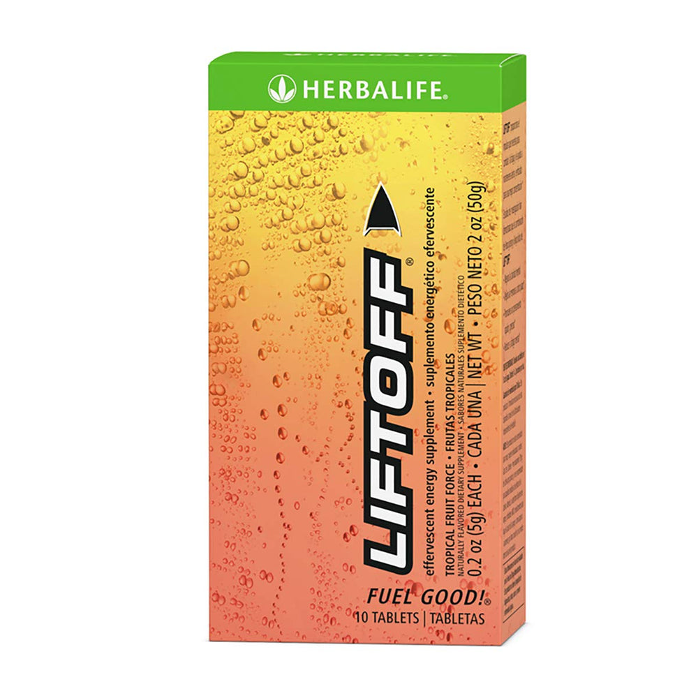 Herbalife Liftoff Tropical Fruit Force tablets dissolving for quick energy uplift.