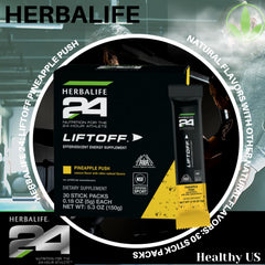 Herbalife24 Liftoff Pineapple Push stick pack beside water bottle for on-the-go energy.