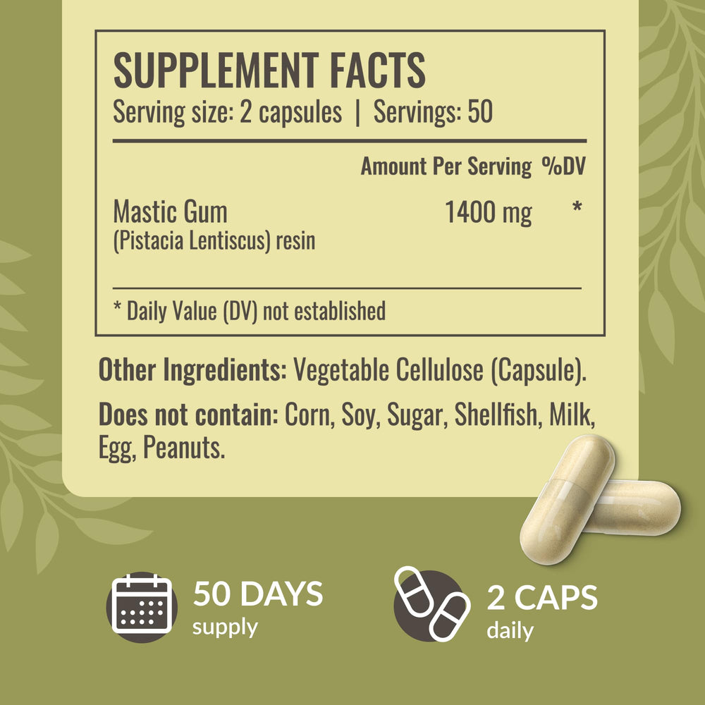 Mastic gum powder and vegetable cellulose capsule ingredients