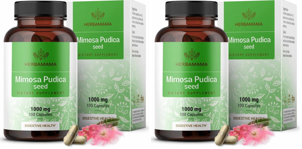 HERBAMAMA Mimosa Pudica seed capsules bottle for daily digestive support.