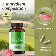 HERBAMAMA Mimosa Pudica capsules ingredients label highlights plant-based, non-GMO formula.