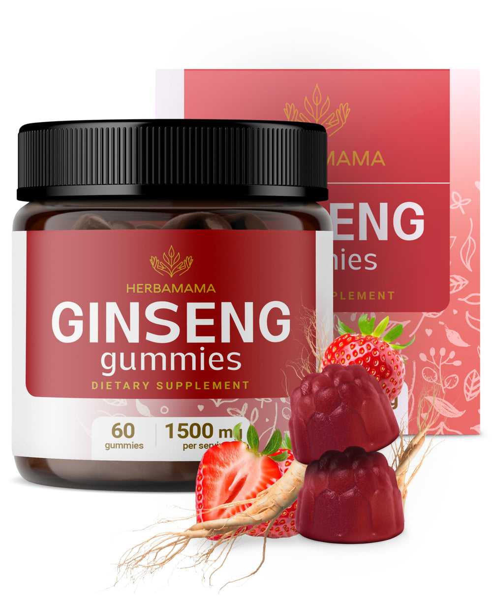 Front view of HERBAMAMA Panax Ginseng Gummies bottle
