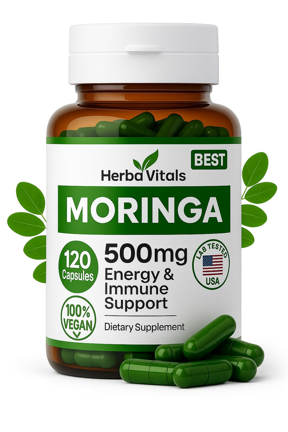 Front view of HerbaVitals Moringa Pure Capsules bottle (500 mg, 120 ct)