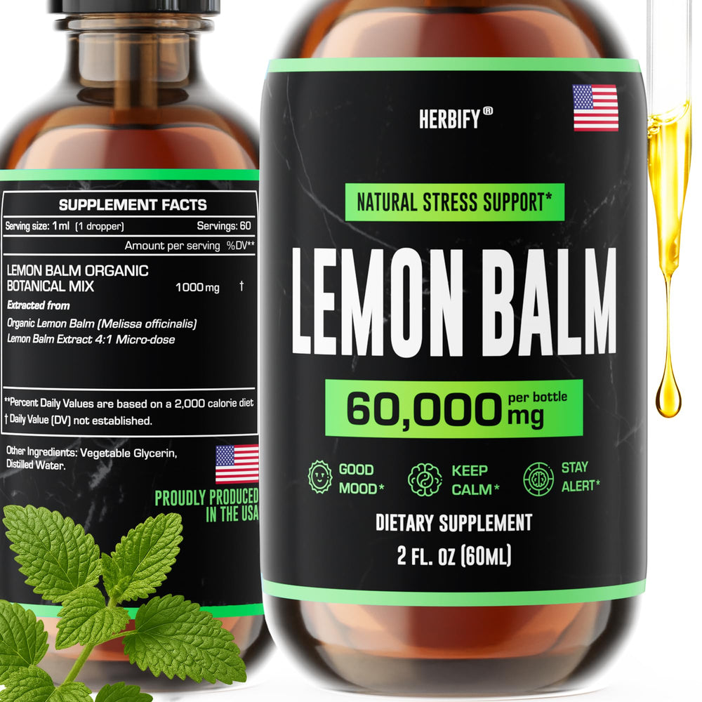 Herbify Lemon Balm Tincture bottle with dropper (2 oz) on white background
