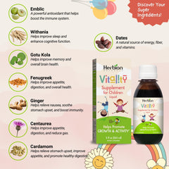 Close-up of Vitality Syrup label for kids 1 year and above