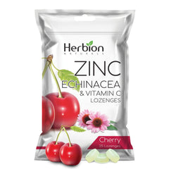 Front packaging of HERBION Naturals Zinc Echinacea Vitamin C Lozenges Cherry 25 Count