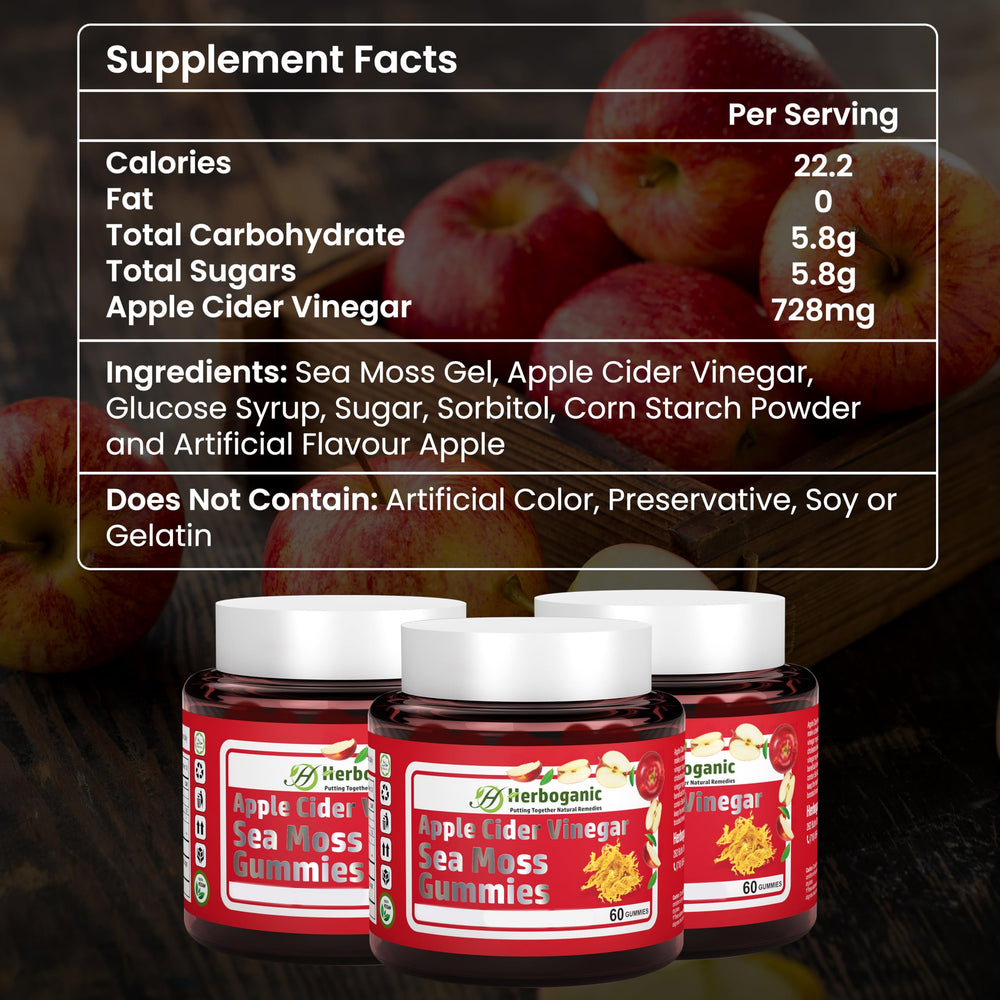Nutrition facts label for HERBOGANIC Apple Cider Gummies