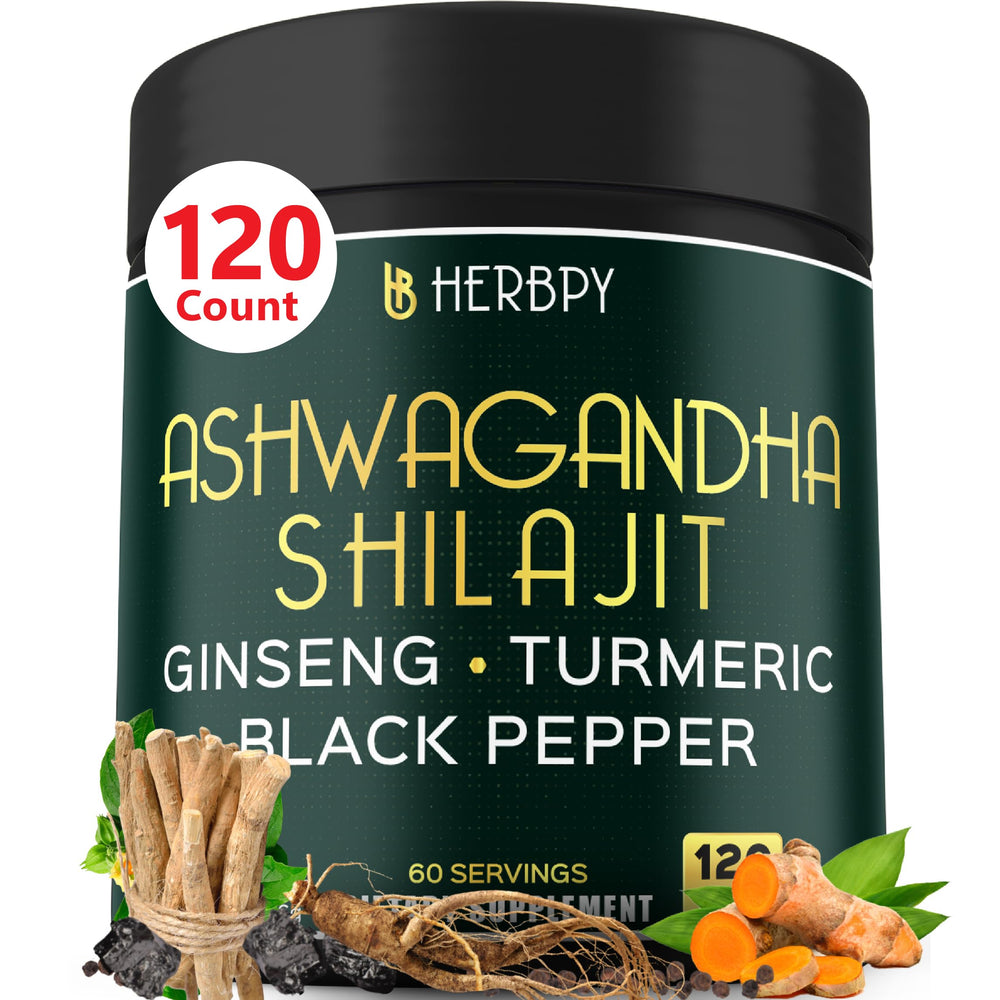Herbpy 5in1 Ashwagandha Shilajit 120-count bottle and packaging