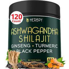 Herbpy 5in1 Ashwagandha Shilajit 120-count bottle and packaging