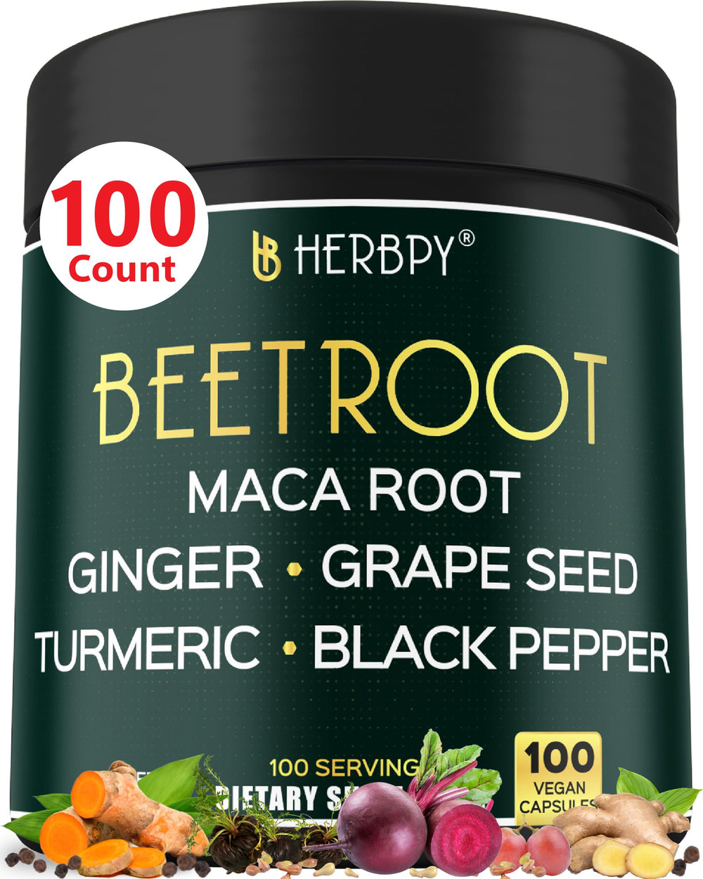 Bottle of Herbpy 6in1 Beetroot Supplement with Maca, Grape Seed, Ginger, Turmeric, and Black Pepper