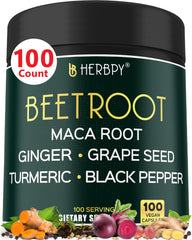Bottle of Herbpy 6in1 Beetroot Supplement with Maca, Grape Seed, Ginger, Turmeric, and Black Pepper