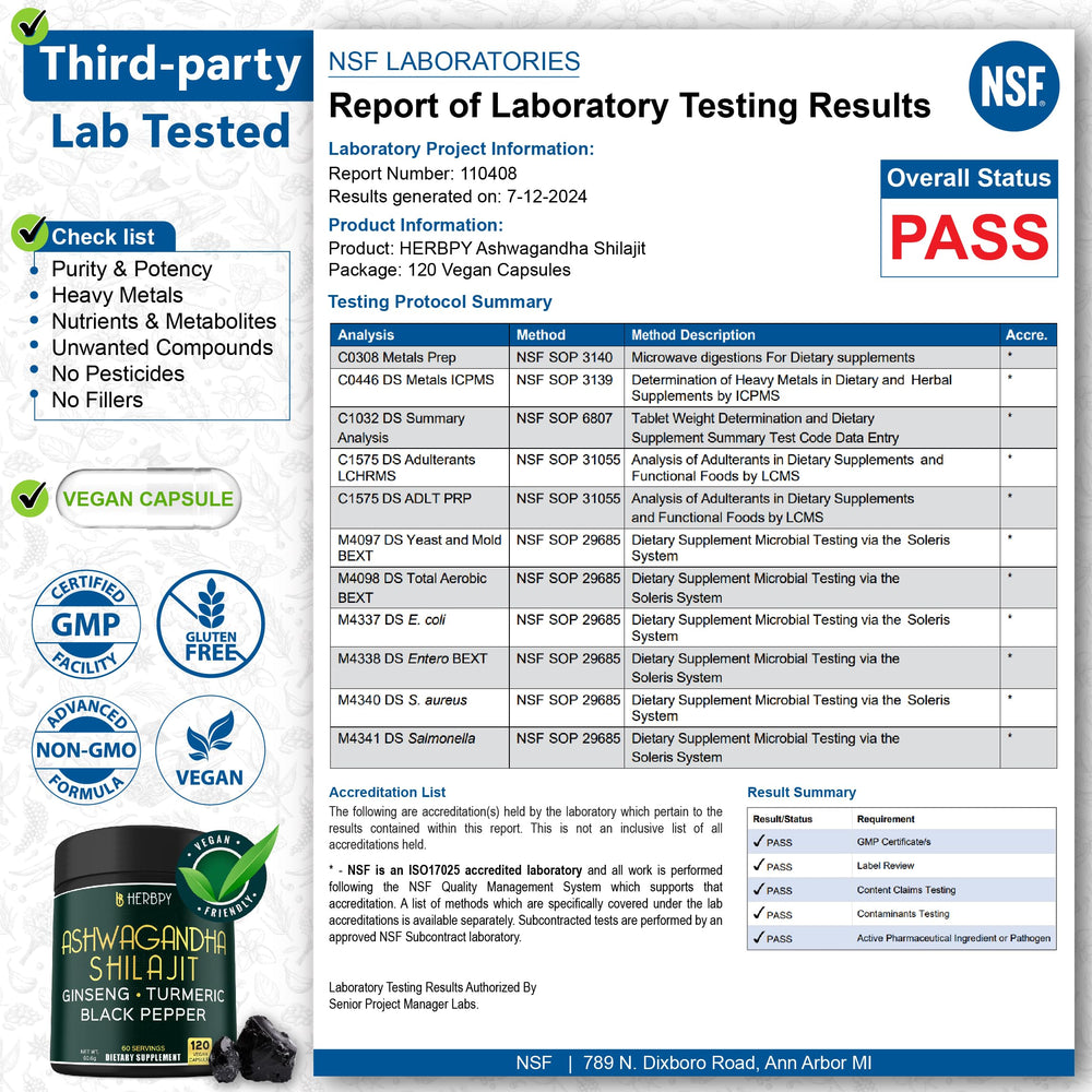 Ingredients list shows Ashwagandha, Shilajit, Panax Ginseng, Turmeric, Black Pepper
