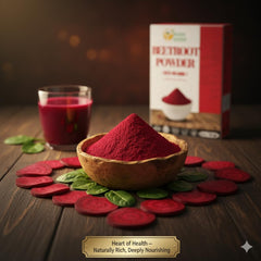 Beetroot powder and ingredients on kitchen counter