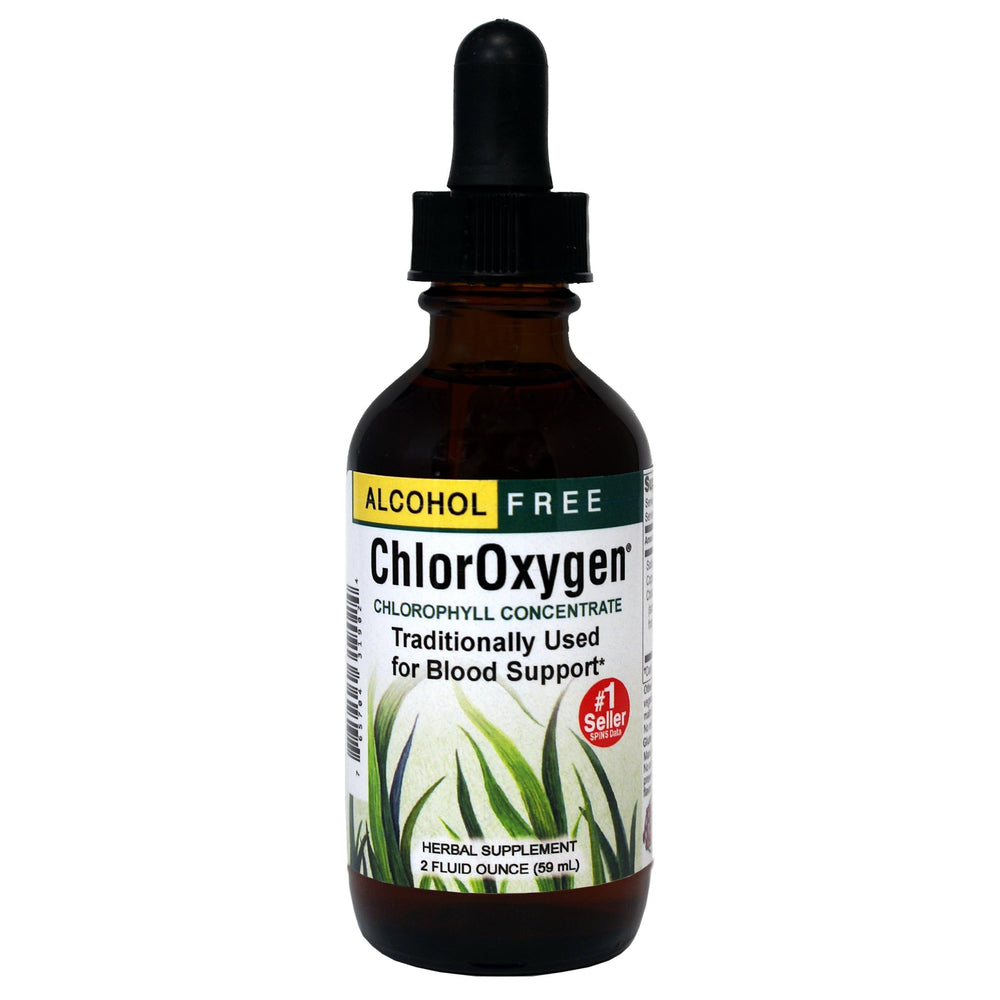 Bottle of ChlorOxygen Chlorophyll Concentrate mint flavor 2 fl oz with label
