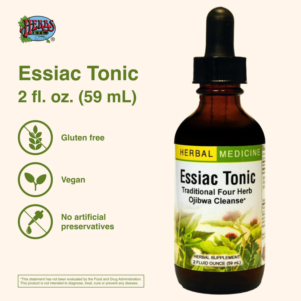 Close-up of Essiac Tonic bottle highlights traditional herbal heritage.