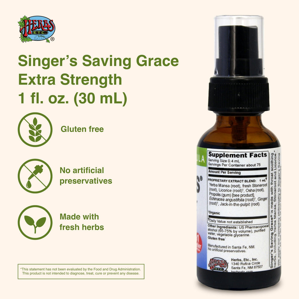 Product label detail for Singer's Saving Grace throat spray