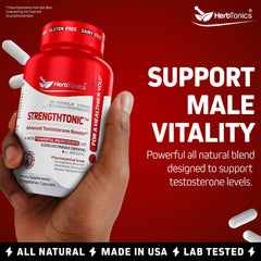 Herbtonics testosterone support bottle back with usage details.