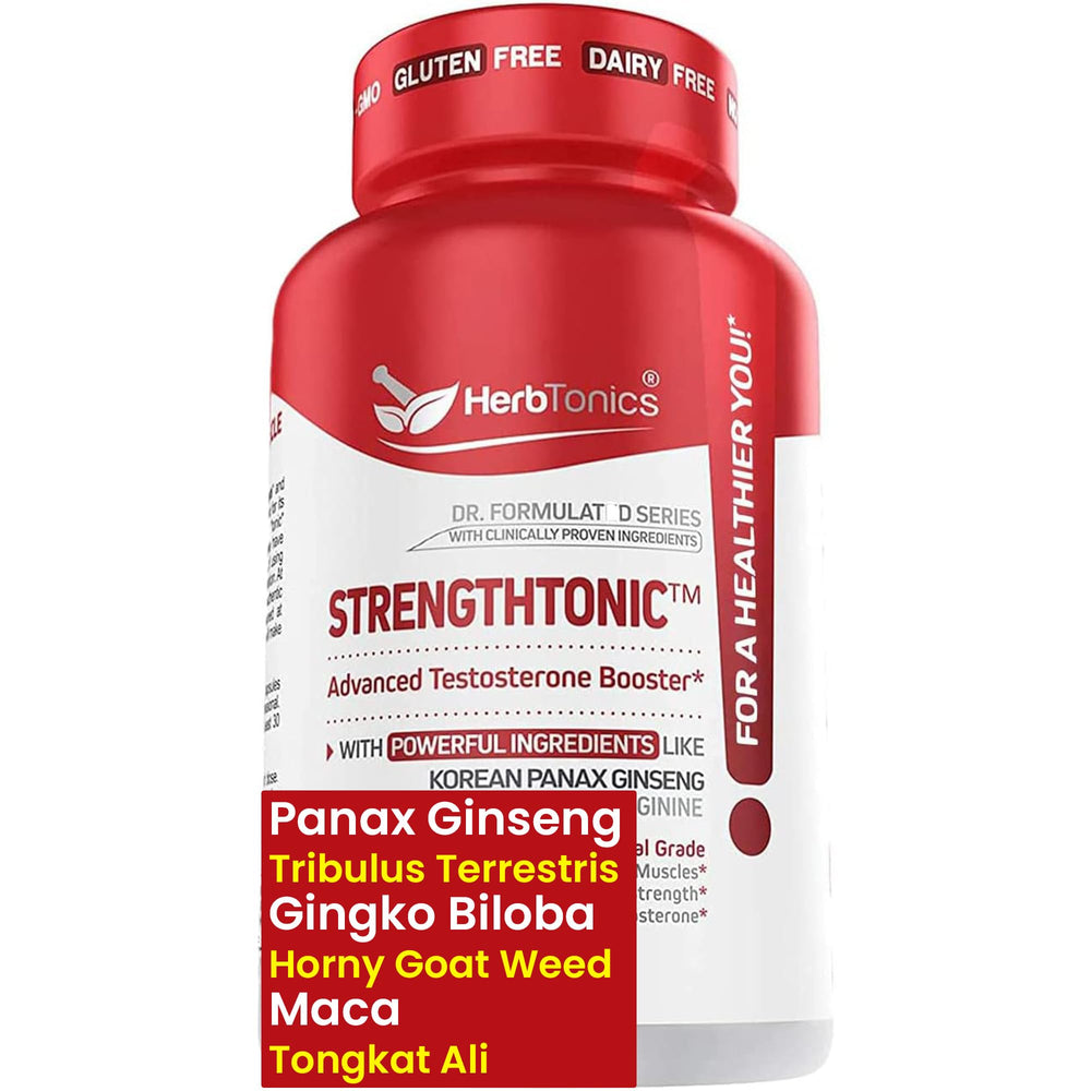 Herbtonics testosterone support bottle front showing daily vitality potential.
