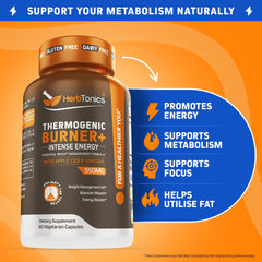 Herbtonics Thermogenic Burner capsules illustrate vegan formula for steady energy and appetite control.
