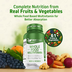 Close-up of real fruits and vegetables used in the multivitamin