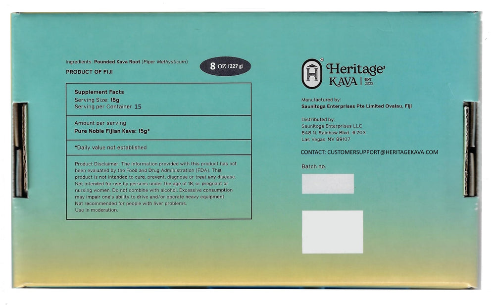 Vacuum-sealed packaging of Heritage Kava root powder