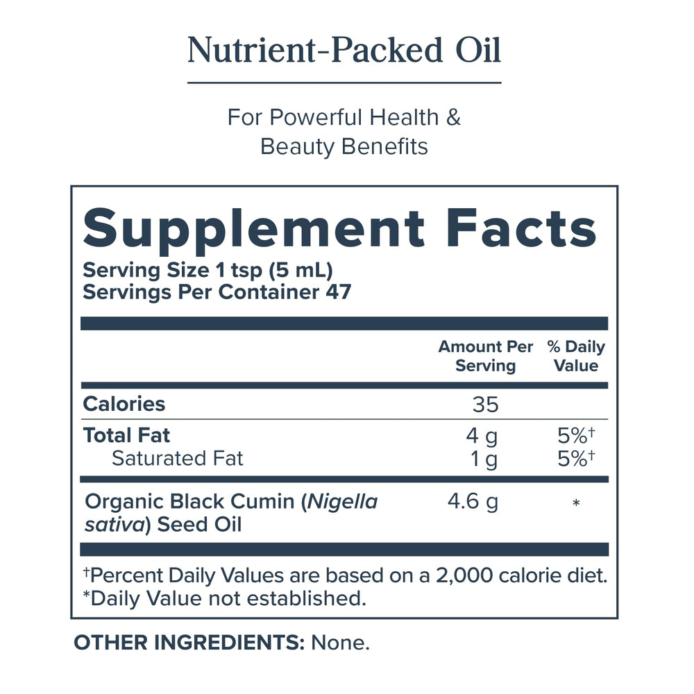 Amber glass bottle of Heritage Store Organic Black Seed Oil