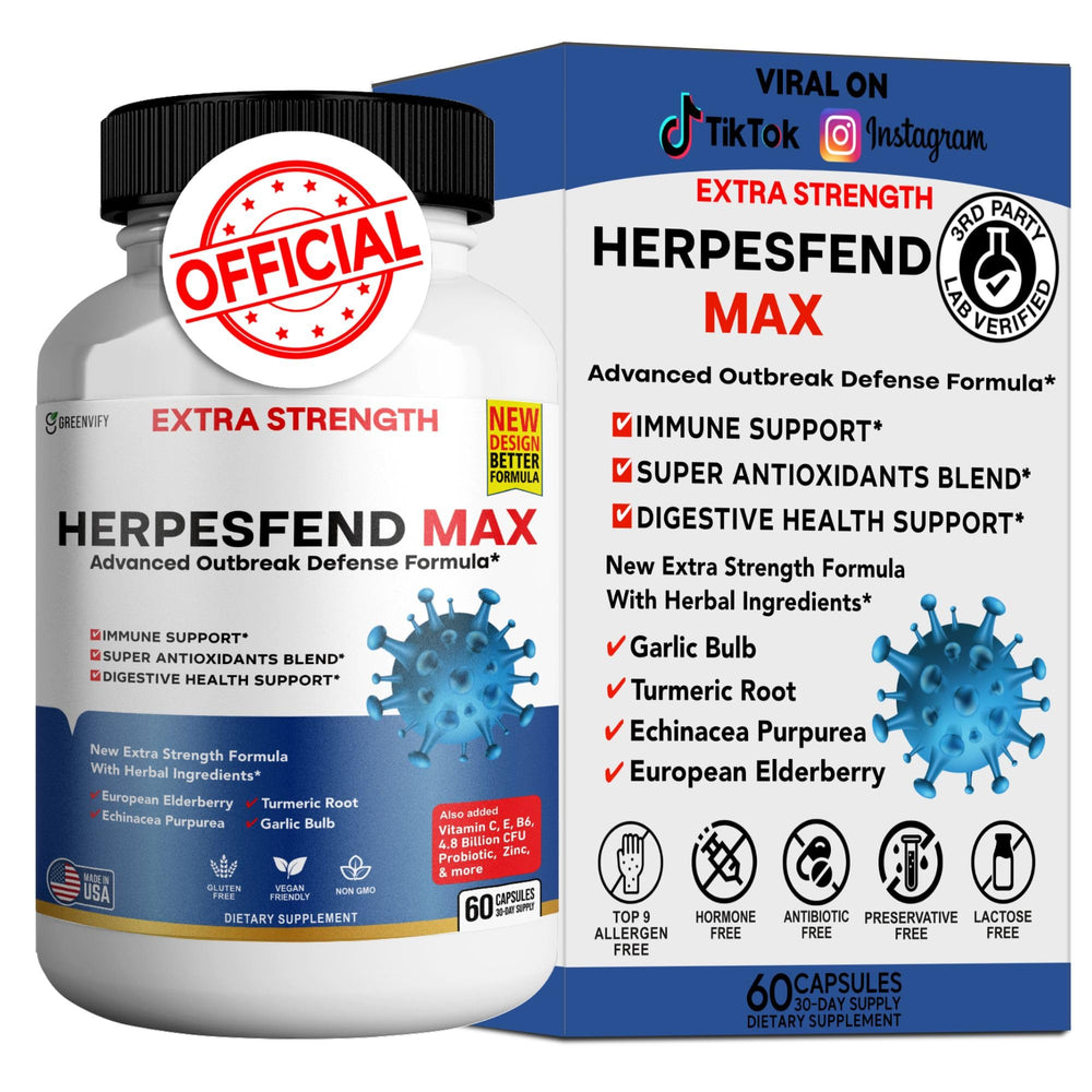 HerpesFend Max bottle displaying 60 capsules