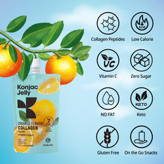 Close-up of single squeeze pouch with orange konjac jelly
