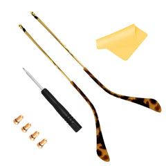Included items: temple arms, tips, 4 screws, screwdriver, and cloth