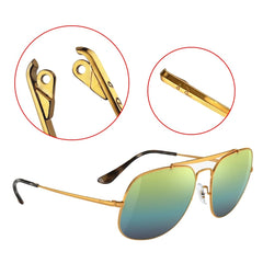 Close-up of gold and black temple arms for Ray-Ban sunglasses