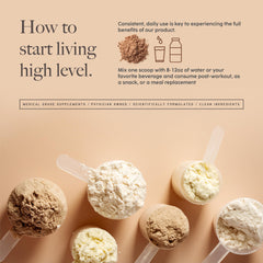 High Level whey protein stevia-sweetened closeup emphasizes sugar-free taste and easy mixing.