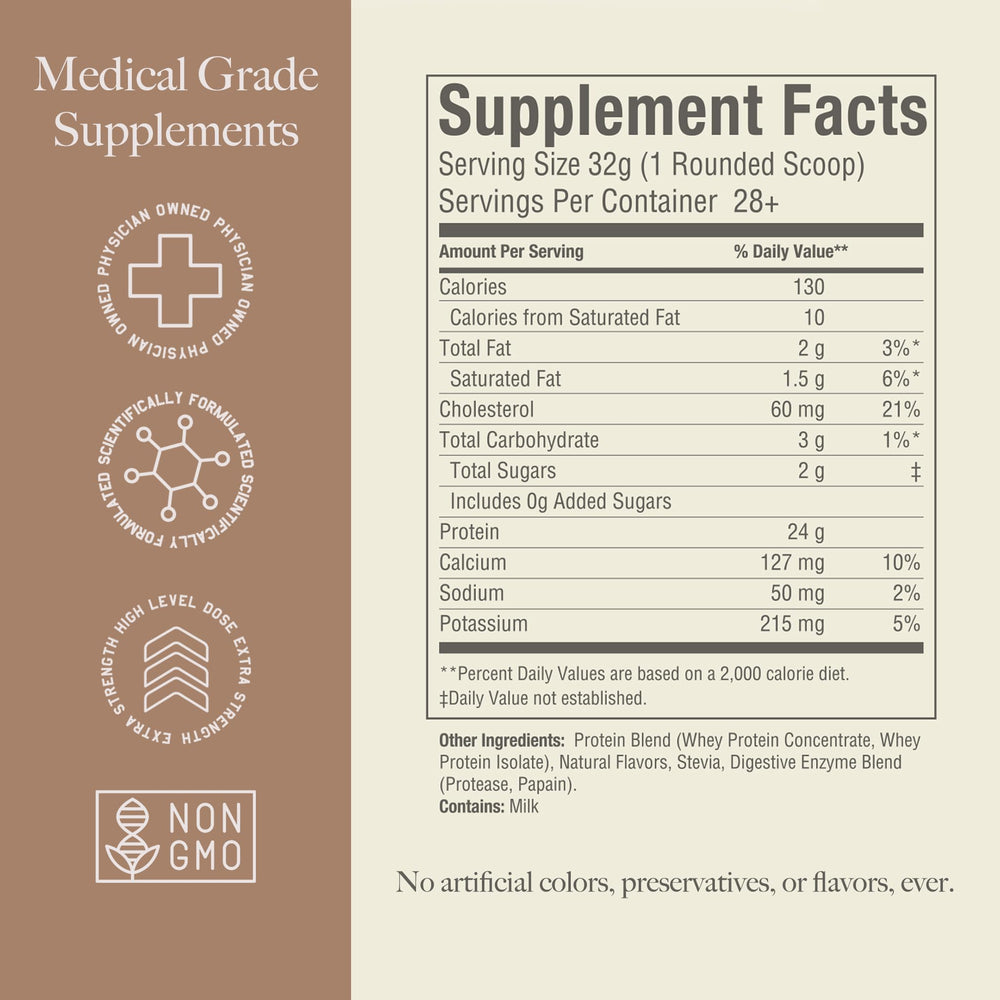 High Level whey protein vanilla digestive enzymes bottle highlights easier digestion.