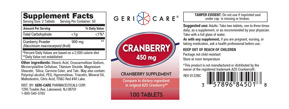 Close-up of cranberry tablets showing 450mg cranberry per tablet