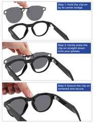 Packaging showing 1 pair of clip-on sunglasses
