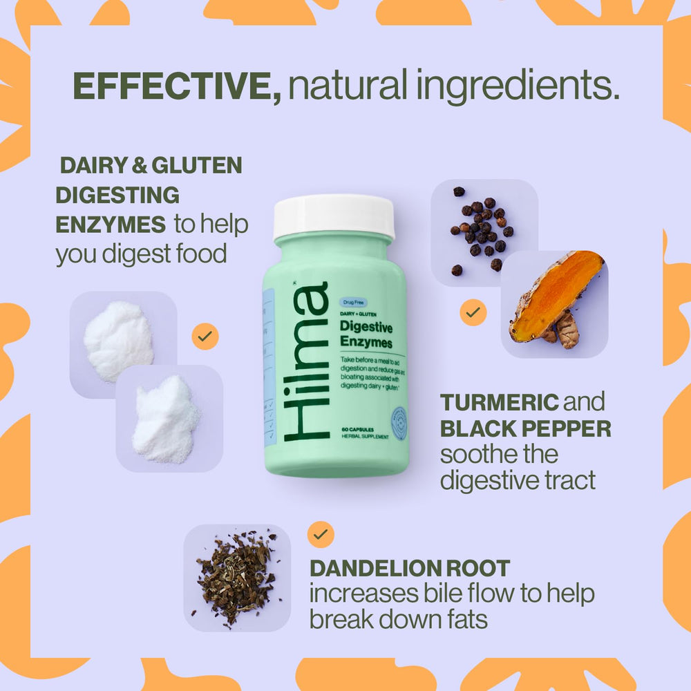 Gluten and dairy digestion support with lactase in Hilma product