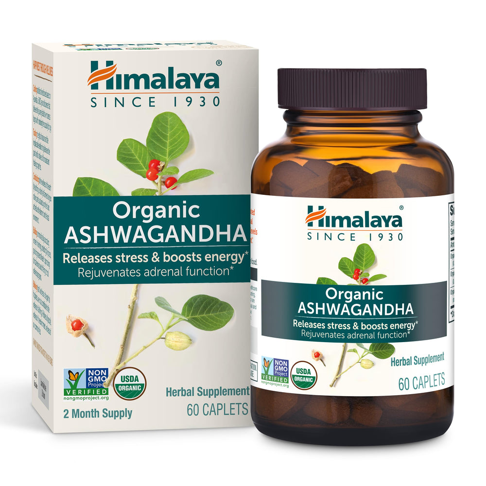 Bottle of Himalaya Organic Ashwagandha 670 mg, 60 caplets